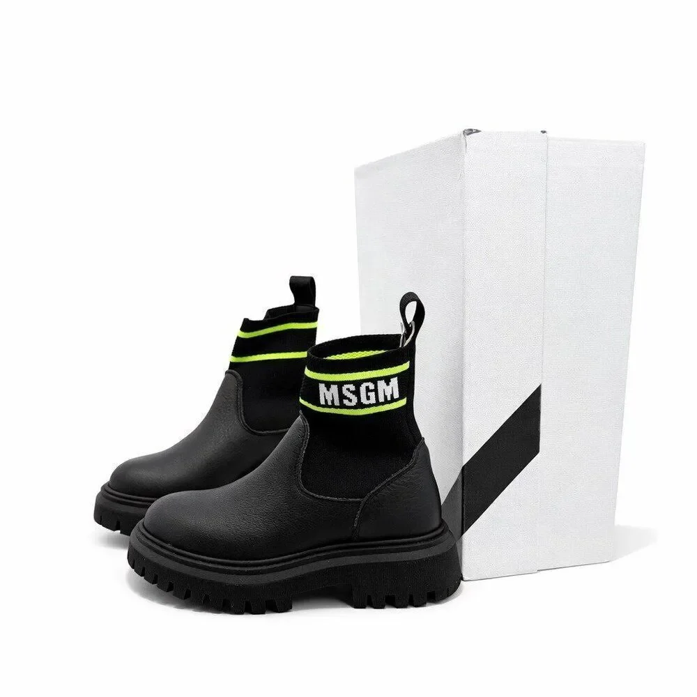 MSGM Kids Calf Leather Knit Logo Elastic Bootie Pull-on Lugged 69169 Size 28 EU